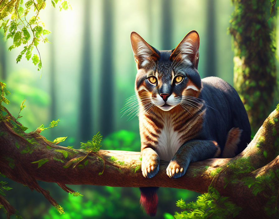 Tabby Cat Relaxing on Tree Branch in Forest Scene