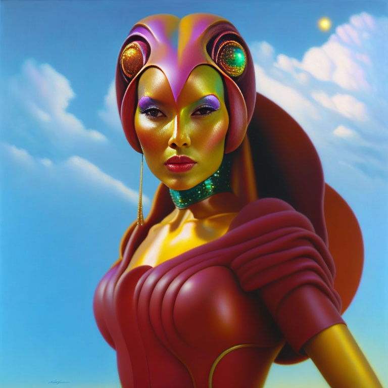 Colorful futuristic attire painting of a woman with jewel-adorned helmet