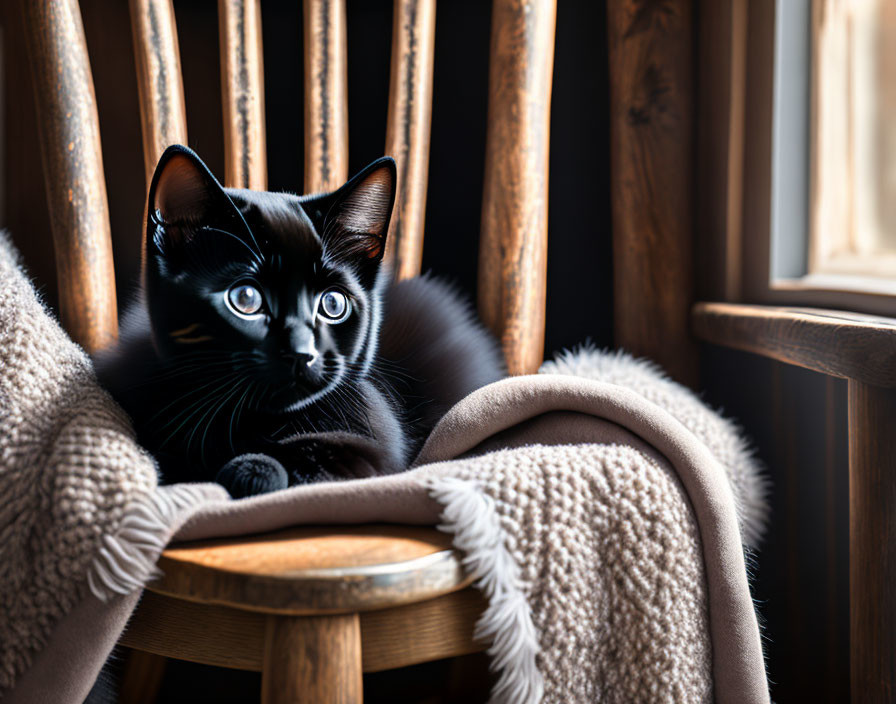 Black Cat with Striking Eyes on Wooden Chair by Sunlit Window