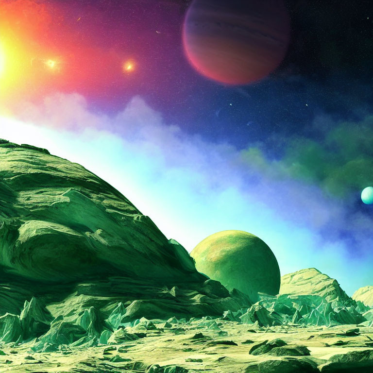 Colorful Sci-Fi Landscape with Ringed Planet and Moons