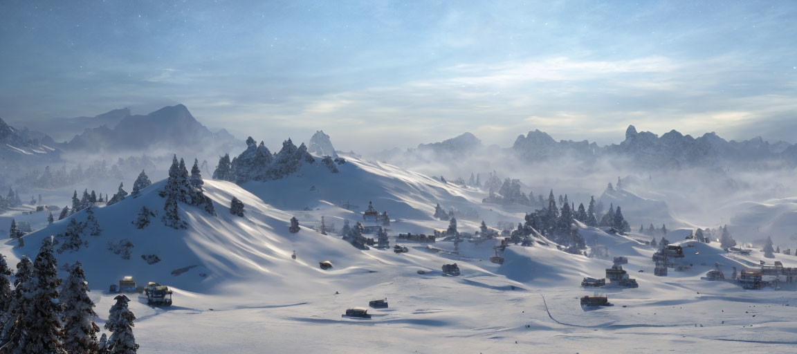 Snowy Landscape with Pine Trees and Chalets in Bright Sky