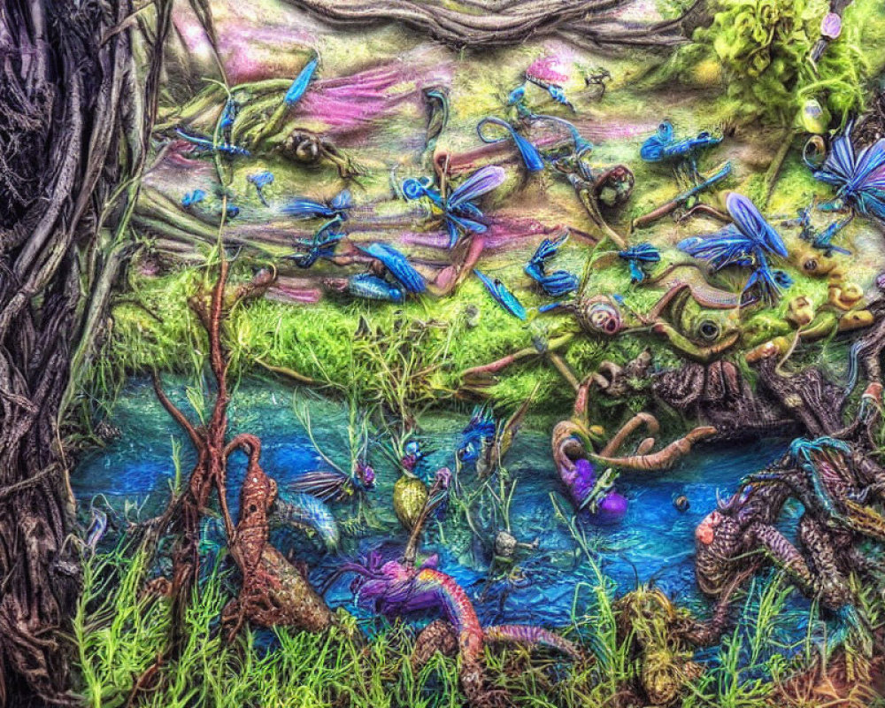 Colorful Dragonfly-Like Creatures in Lush Green Landscape