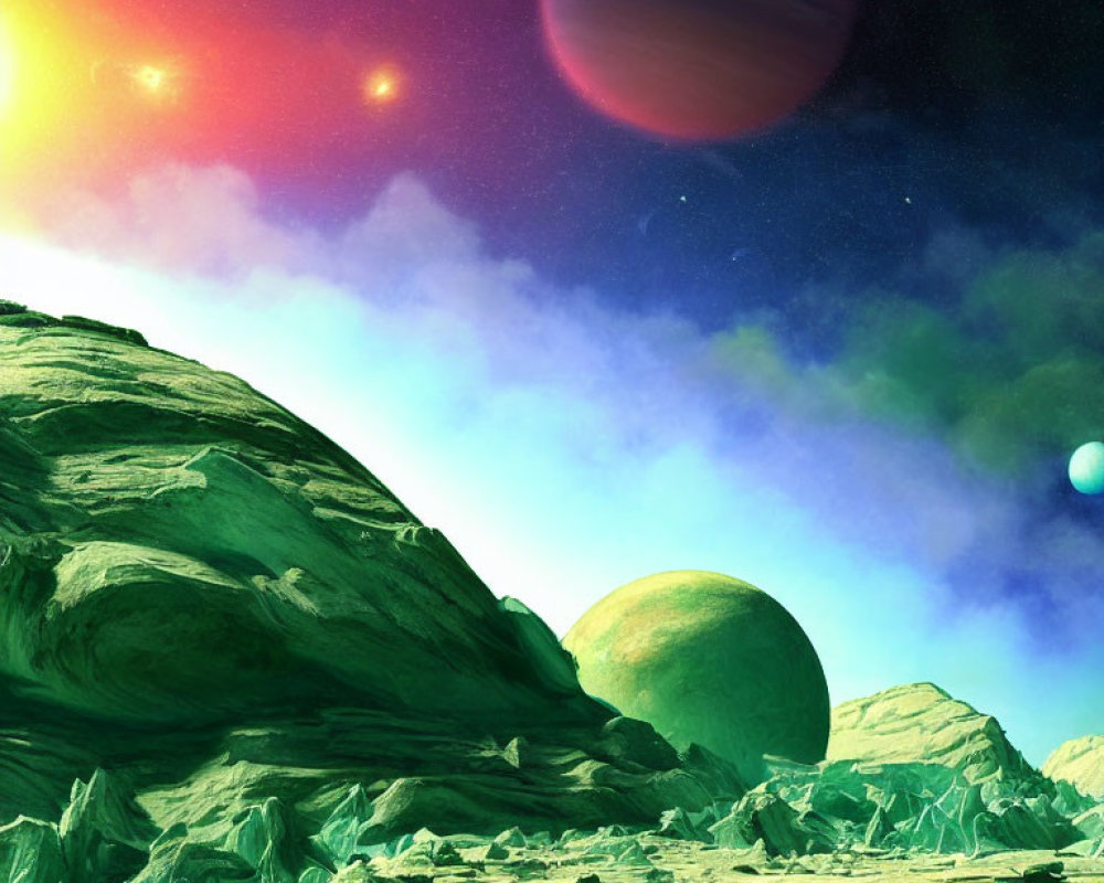 Colorful Sci-Fi Landscape with Ringed Planet and Moons