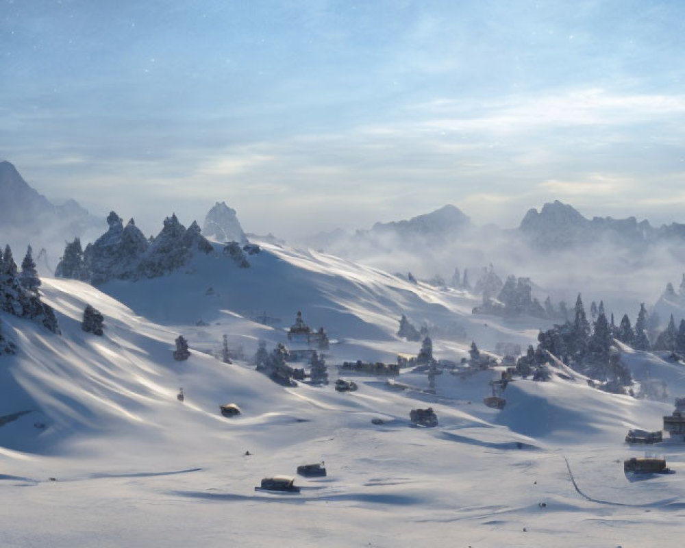 Snowy Landscape with Pine Trees and Chalets in Bright Sky