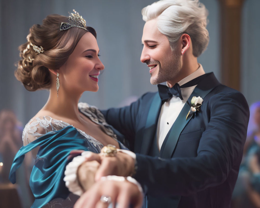 Elegant couple dancing in grand ballroom - woman in blue gown, man in black tuxedo