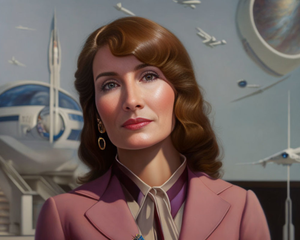 Brown-haired woman in retro-futuristic portrait with spaceplane and planets.