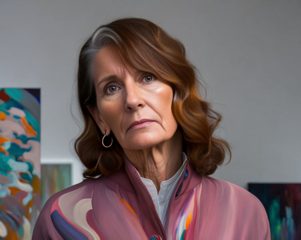 Pensive woman with chestnut hair and hoop earrings in front of abstract painting