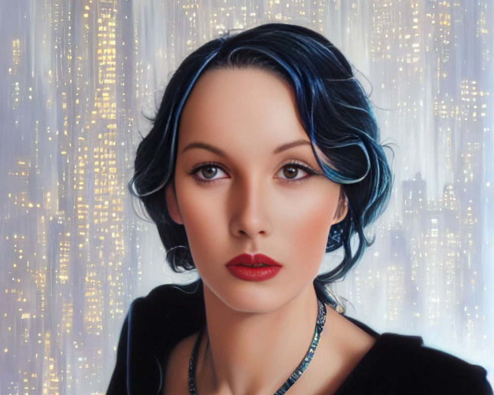 Stylized portrait of woman with blue-black hair and red lipstick against cityscape.