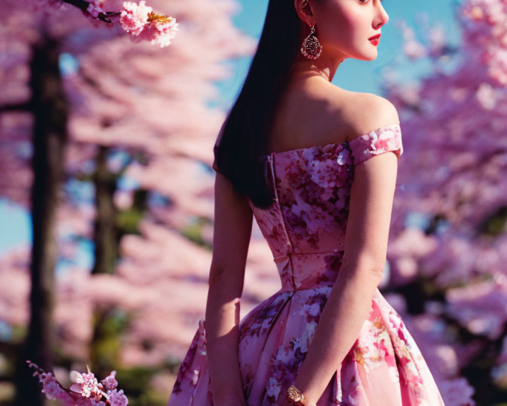 Woman in floral gown under cherry blossoms with serene expression