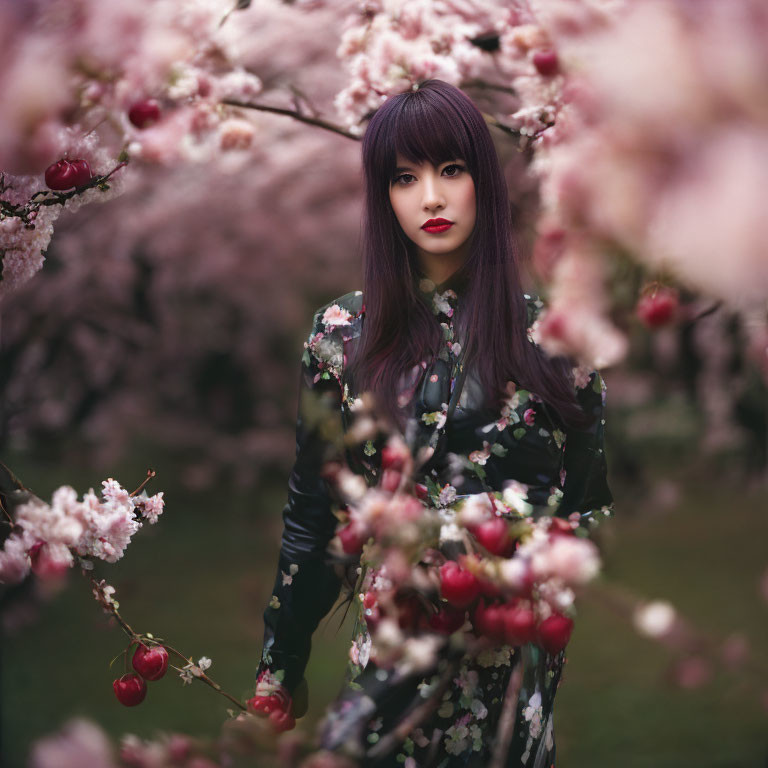 Purple-haired woman in floral dress among cherry blossoms and leather jacket