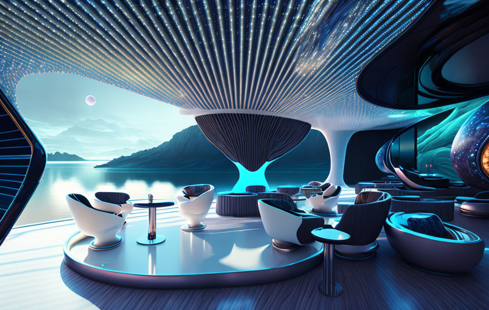 Modern lounge with curvilinear design, blue lighting, and panoramic lake views at twilight