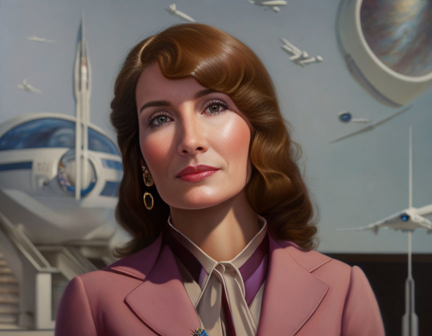 Brown-haired woman in retro-futuristic portrait with spaceplane and planets.