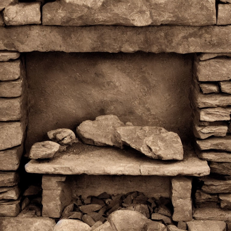 Ancient stone hearth with scattered rocks and rubble below