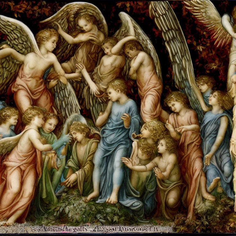 Group of Angels Playing Instruments and Conversing in Renaissance Style Scene