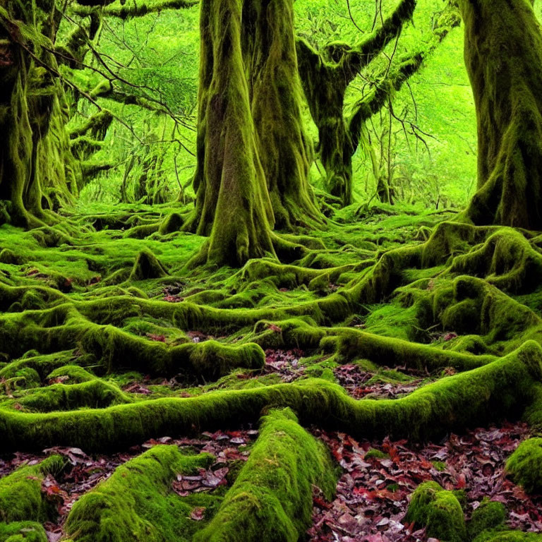 Lush green moss-covered forest floor with twisted tree roots and trunks