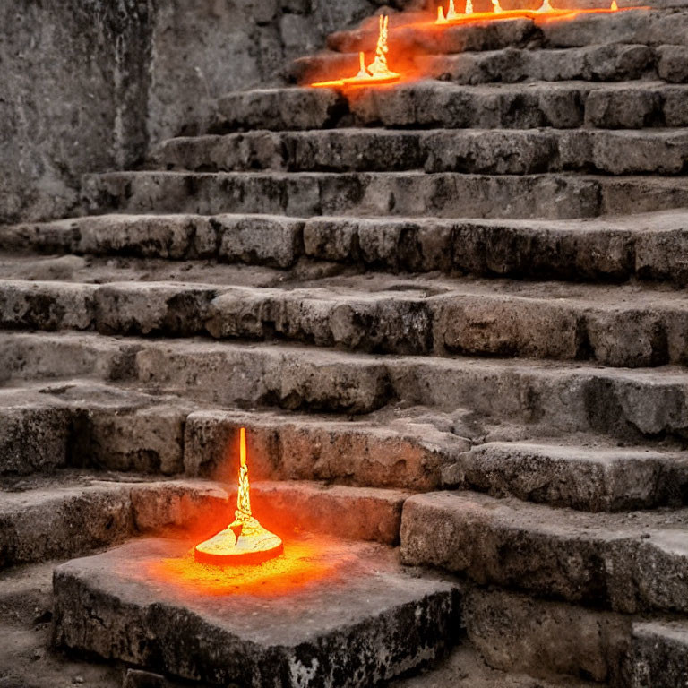 Molten metal cascades on weathered stone steps