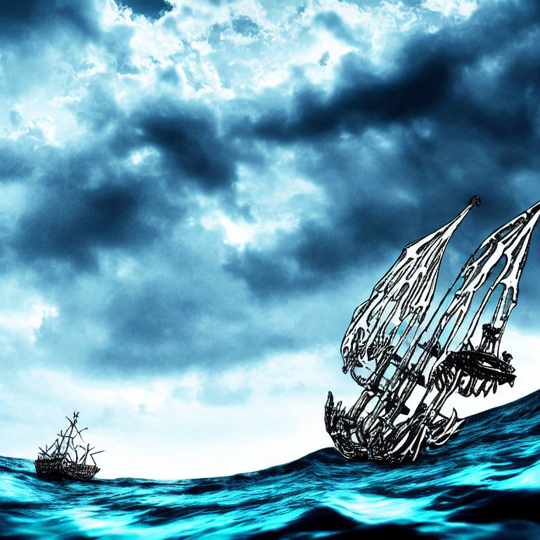 Stylized illustration of two sailing ships on tumultuous seas