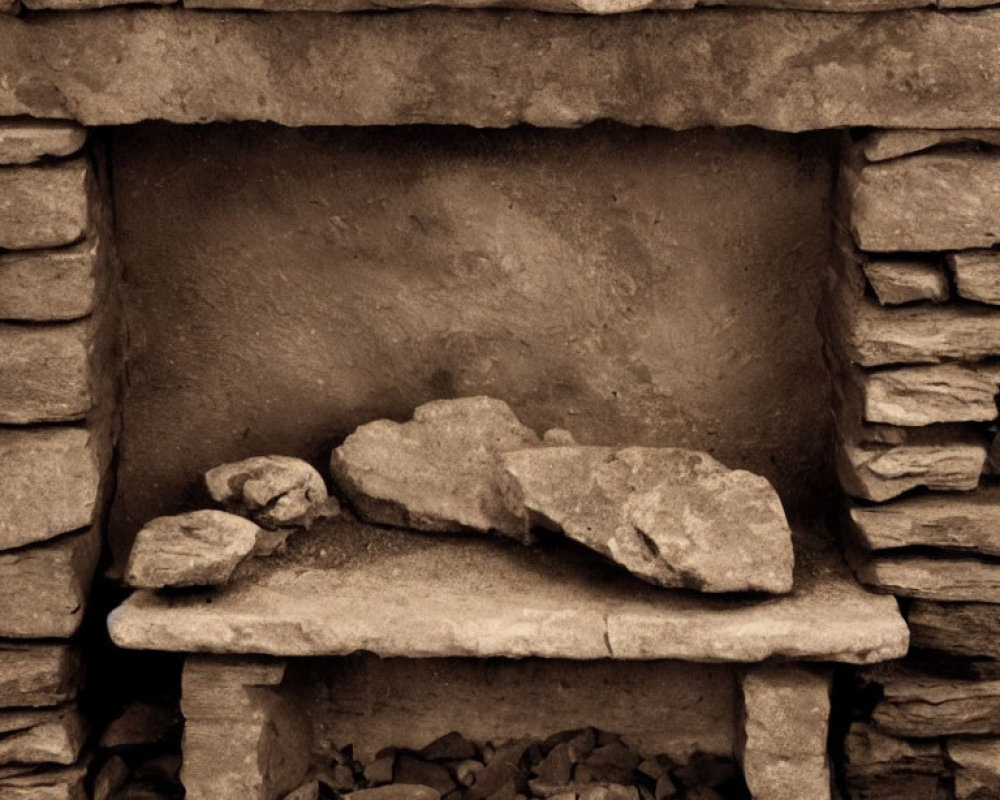 Ancient stone hearth with scattered rocks and rubble below