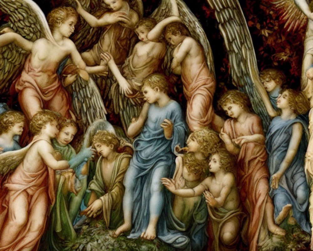 Group of Angels Playing Instruments and Conversing in Renaissance Style Scene