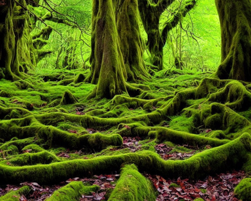 Lush green moss-covered forest floor with twisted tree roots and trunks