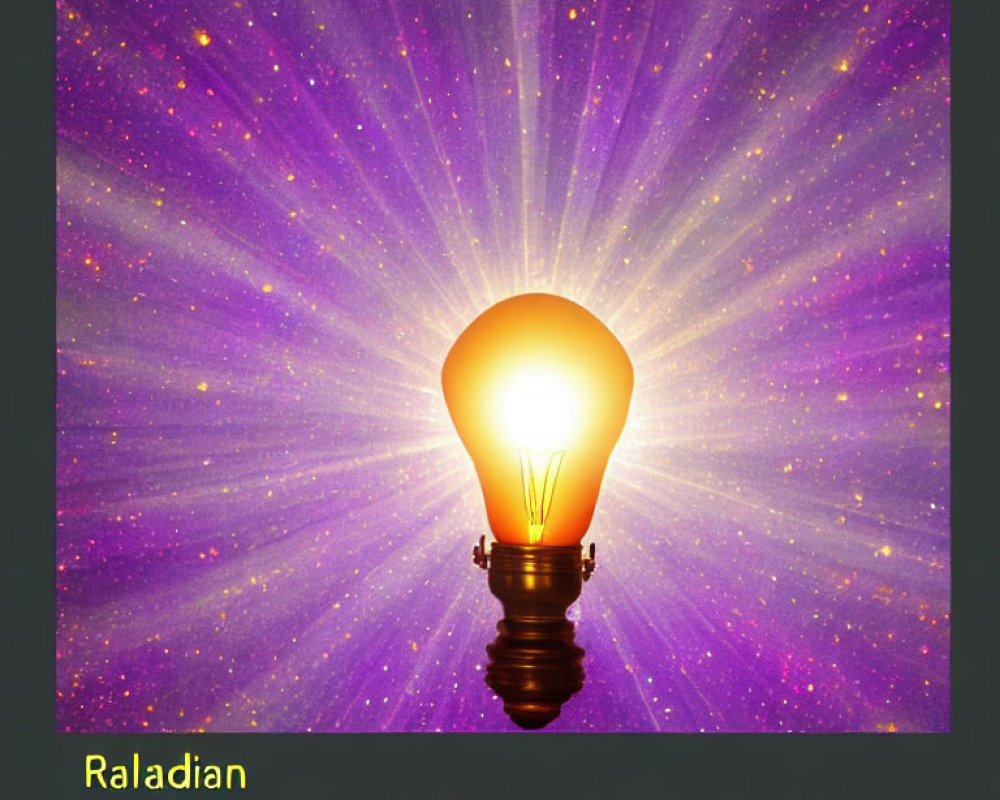 Bright Lightbulb on Purple and Yellow Starry Background with Garbled Text