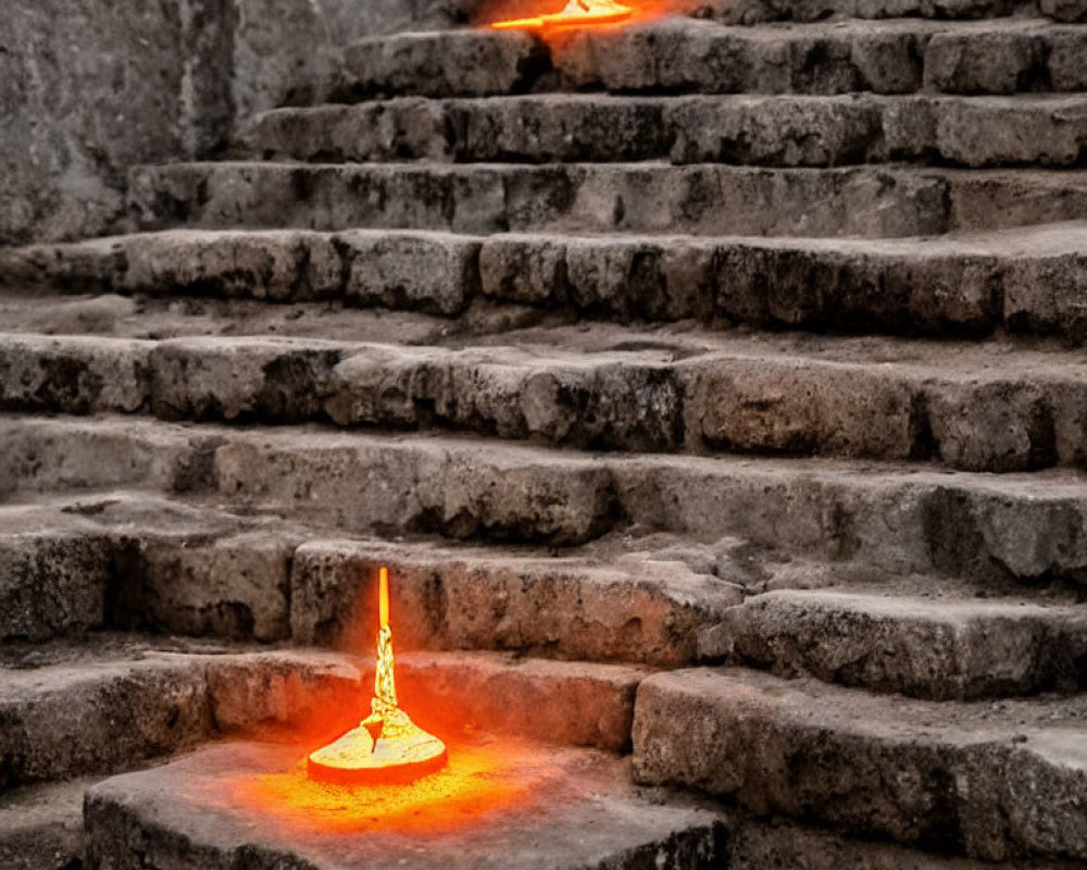 Molten metal cascades on weathered stone steps