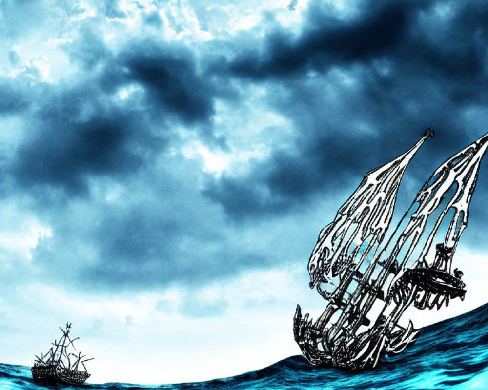 Stylized illustration of two sailing ships on tumultuous seas