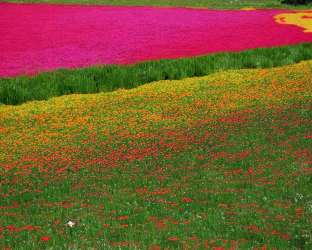 Colorful Flower Fields: Pink, Yellow, and Red Blooms in Vibrant Bands