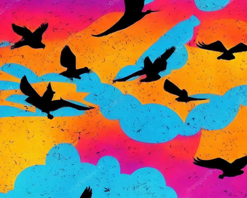 Birds in Silhouette Flying Across Vibrant Sky with Colorful Clouds