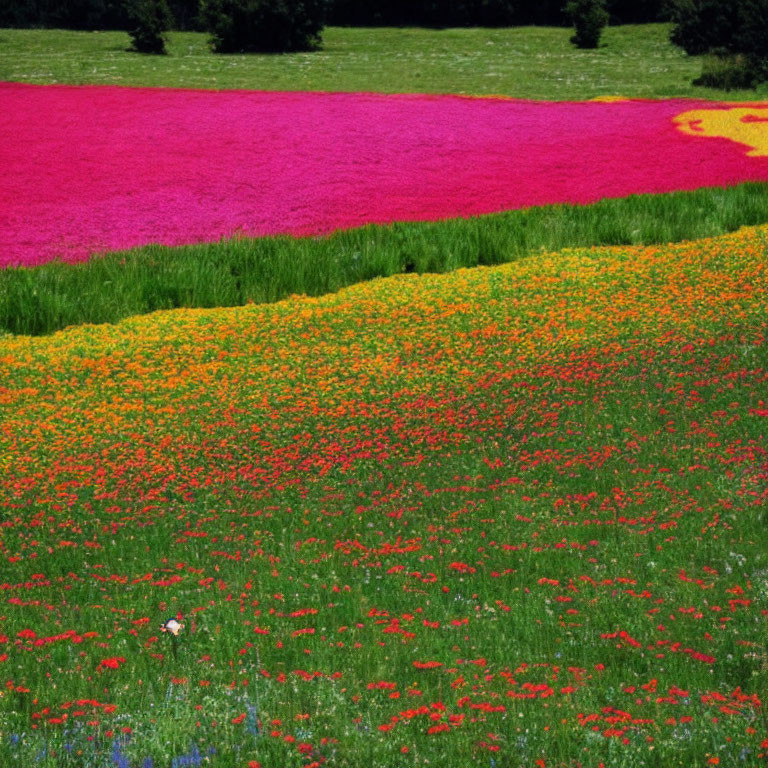 Colorful Flower Fields: Pink, Yellow, and Red Blooms in Vibrant Bands