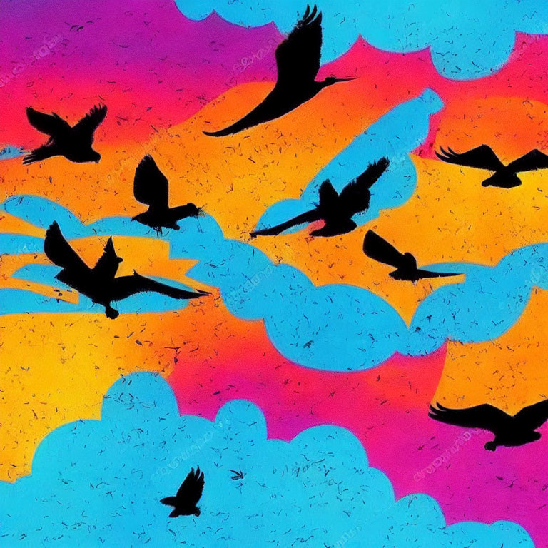 Birds in Silhouette Flying Across Vibrant Sky with Colorful Clouds