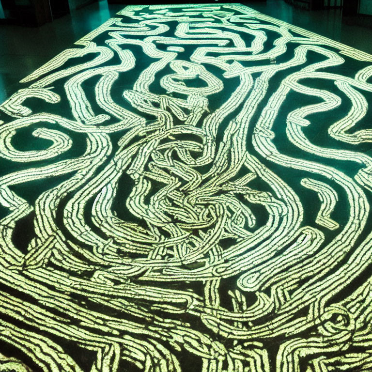 Intricate Neon-lit Floor Installation in Dark Room