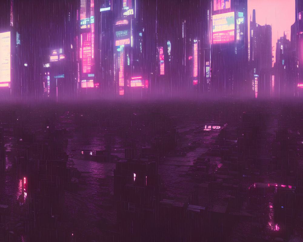 Futuristic neon-lit cityscape in rain with skyscrapers - Cyberpunk ambiance