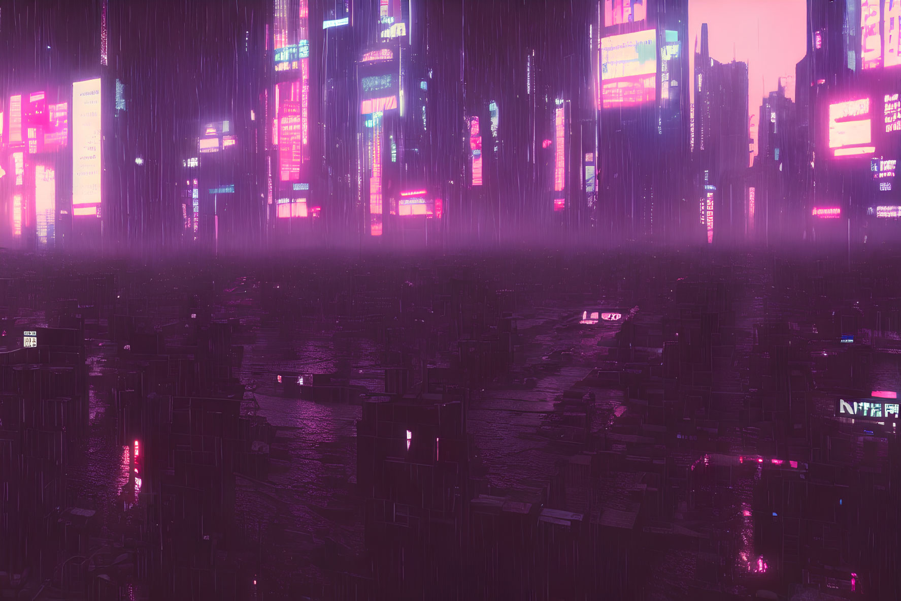 Futuristic neon-lit cityscape in rain with skyscrapers - Cyberpunk ambiance