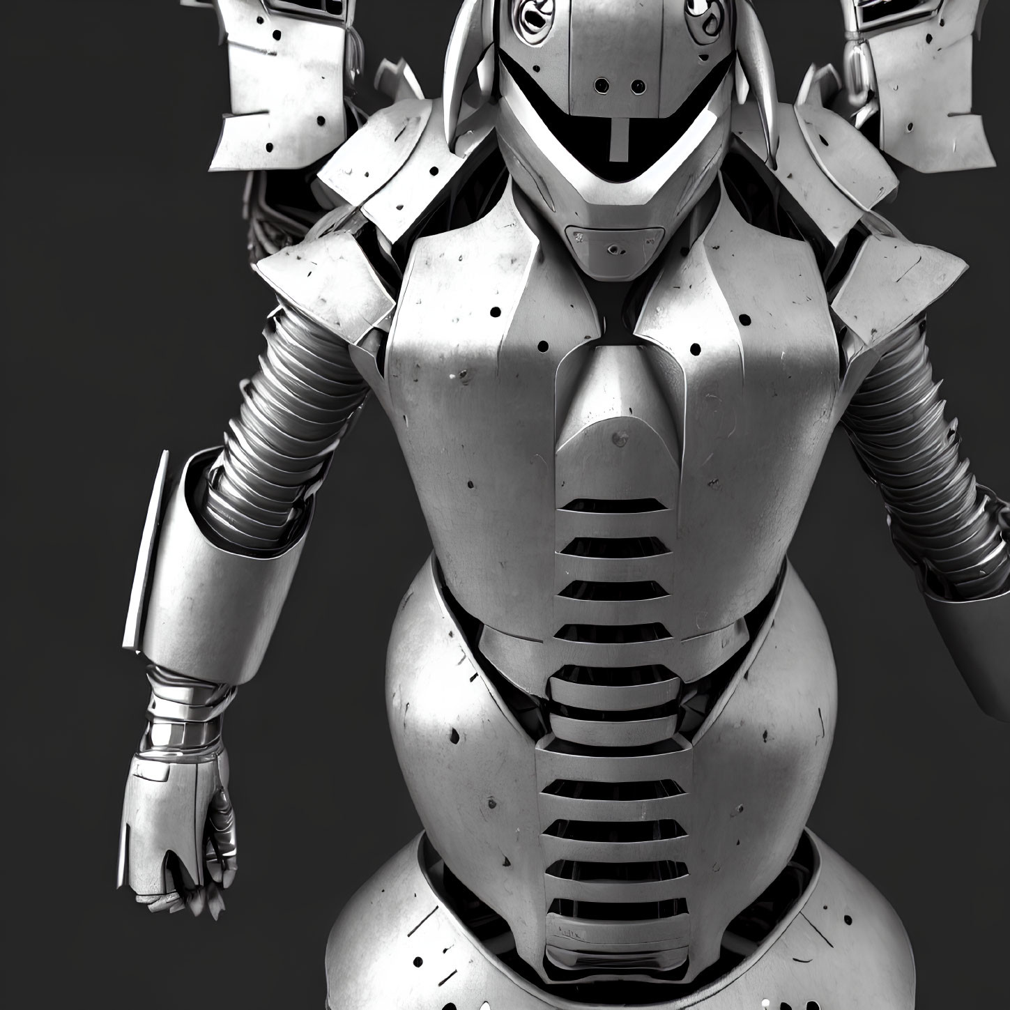 Detailed Close-Up of Smiling Humanoid Robot's Metallic Segmented Body