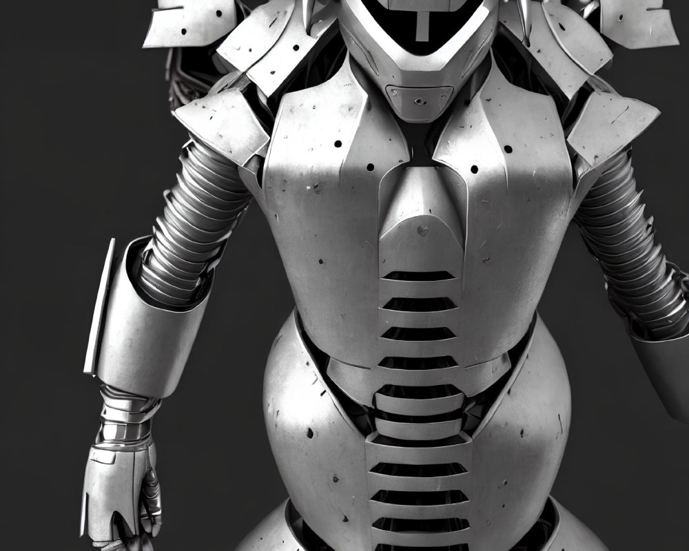 Detailed Close-Up of Smiling Humanoid Robot's Metallic Segmented Body