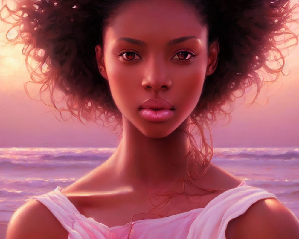 Curly-haired woman portrait at pink beach sunset