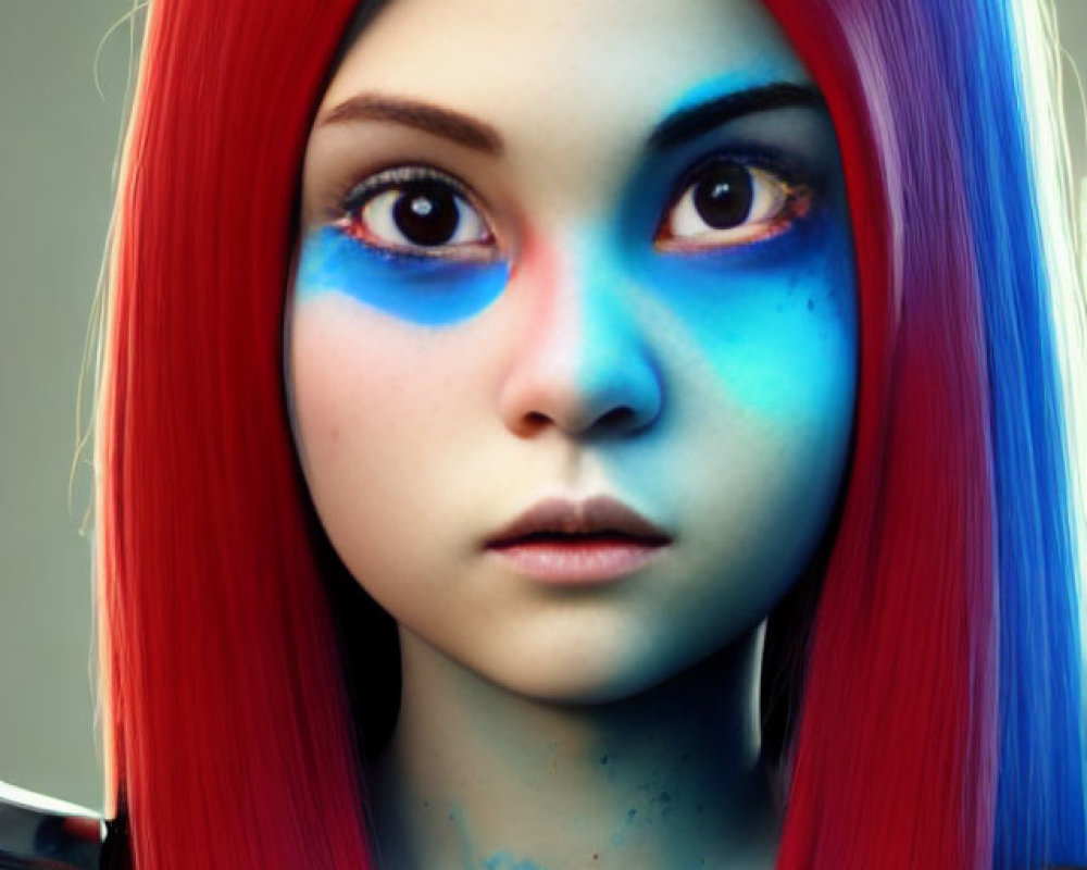 Vibrant digital artwork of female character with red and blue hair and striking blue eyes.