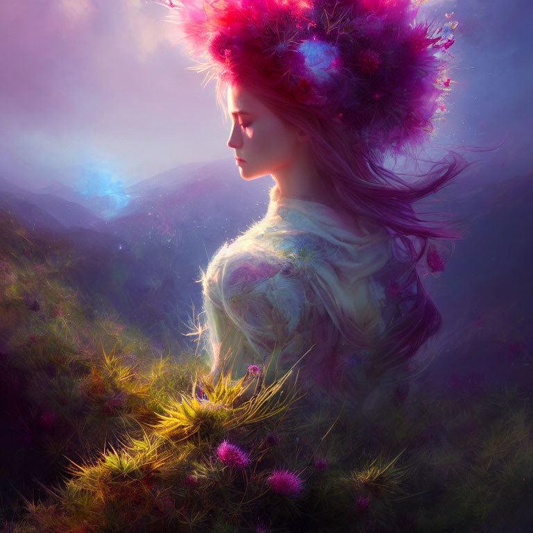 Woman with floral crown in ethereal landscape with flowing hair and purple hues