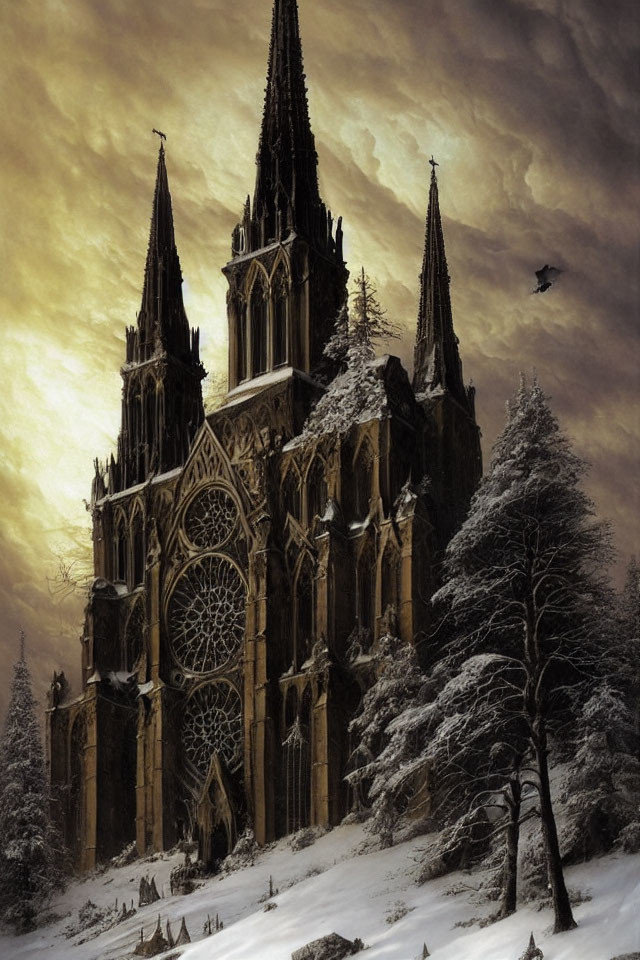 Gothic Cathedral with Spires in Snowy Landscape