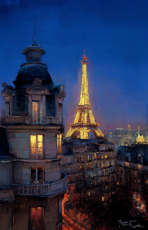 Twilight view of illuminated Eiffel Tower from old building window