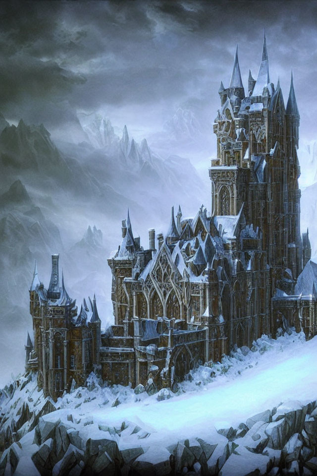 Gothic castle on snowy cliffs with misty mountains