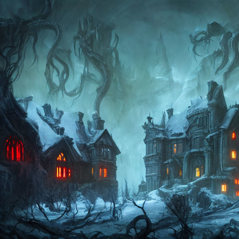 Gothic scene with haunted houses, red glow, mist, twisted trees