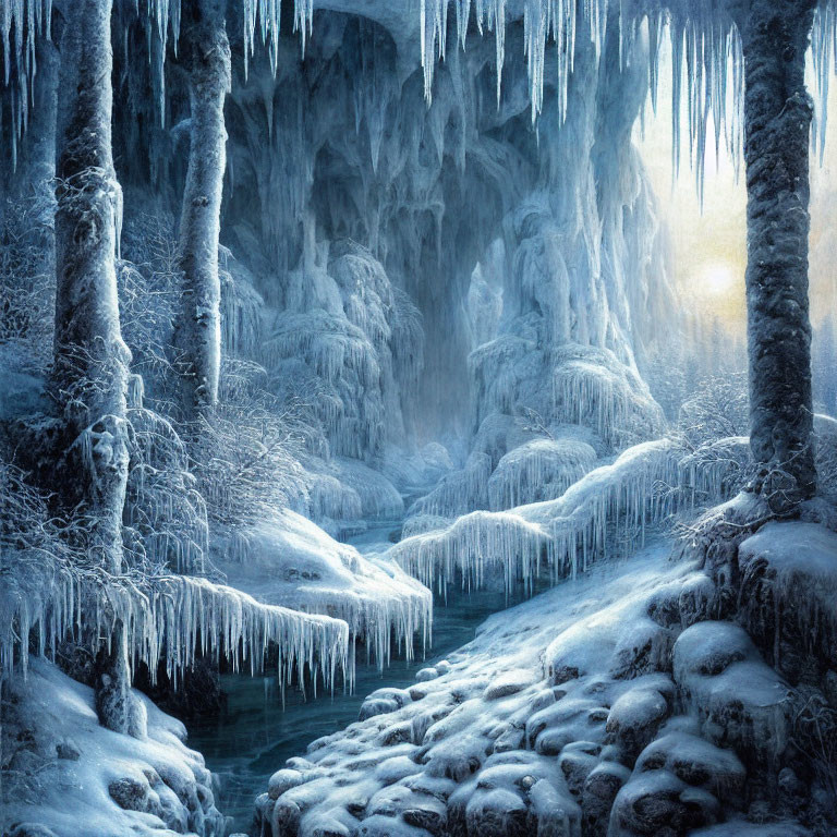 Snowy Cave Landscape with Icicles and Sunlight Glow