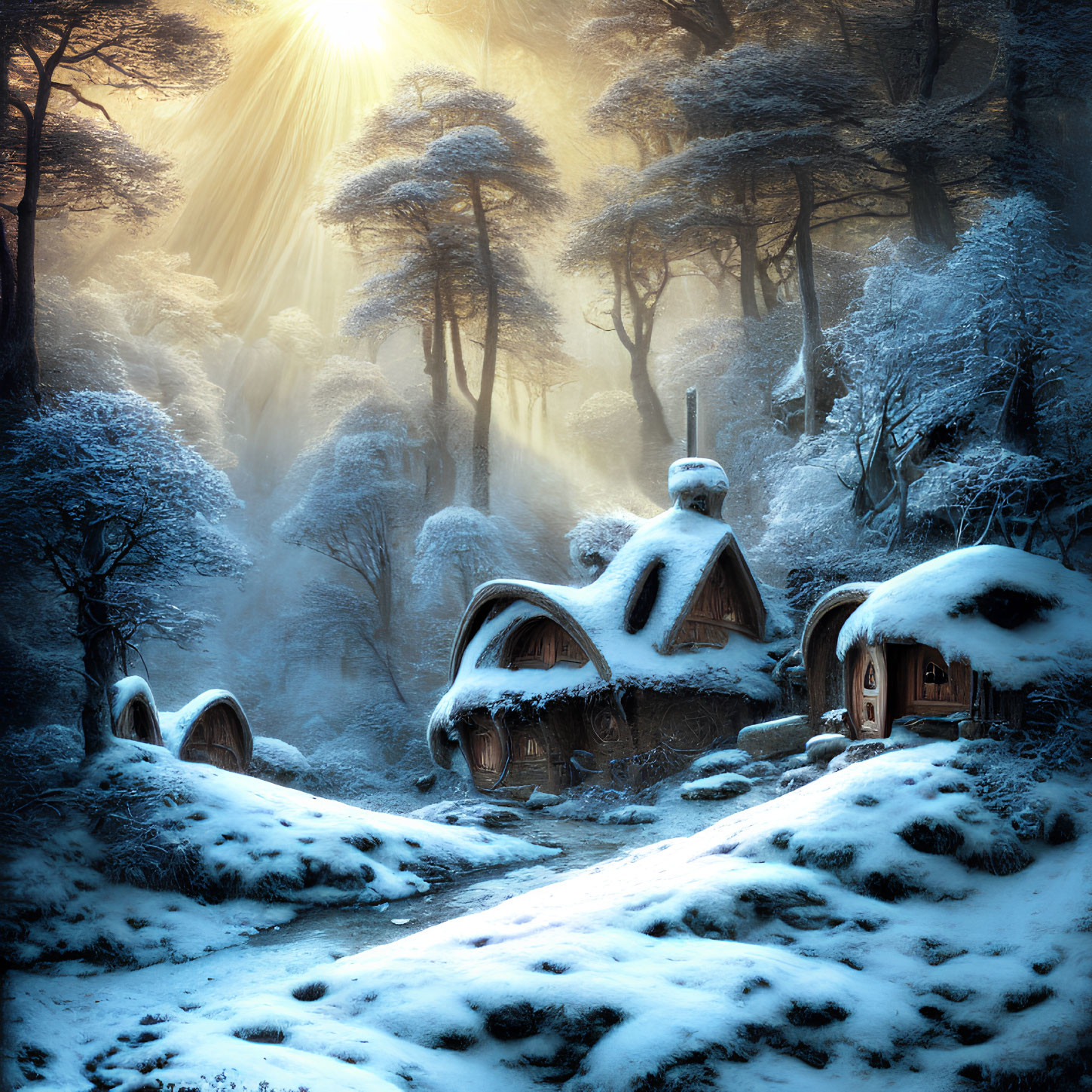 Snow-covered forest with fairy-tale houses and sun rays piercing mist.
