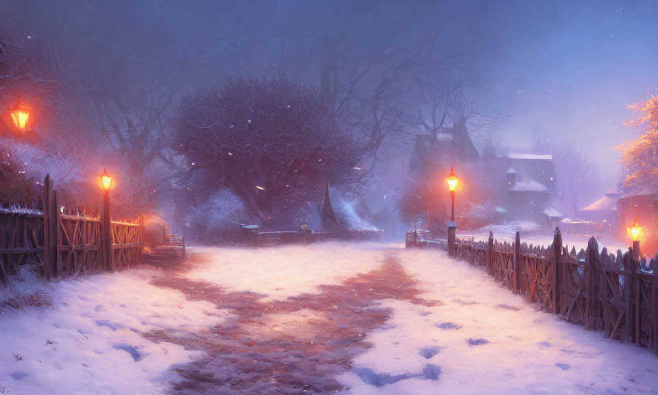 Snowy Twilight Village Scene with Glowing Lamps and Mist