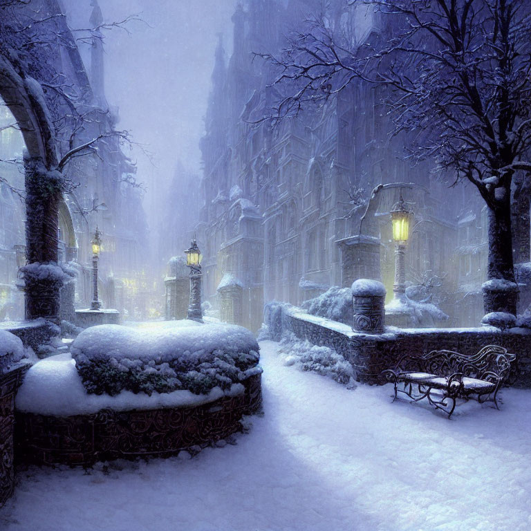 Snow-covered street with illuminated lamps, benches, fountain, and gothic-style buildings in misty twilight