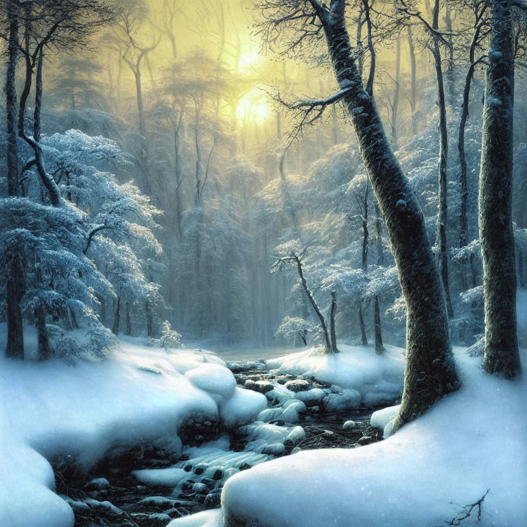 Snow-covered winter forest with stream under golden sunlight