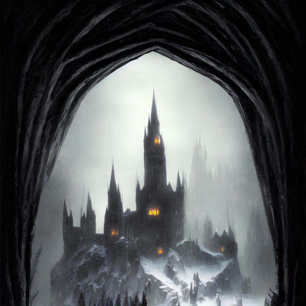 Gothic castle in dim light in snowy landscape