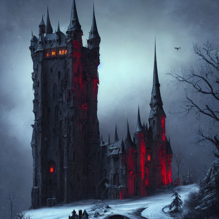 Gothic castle in snowy landscape under red lights